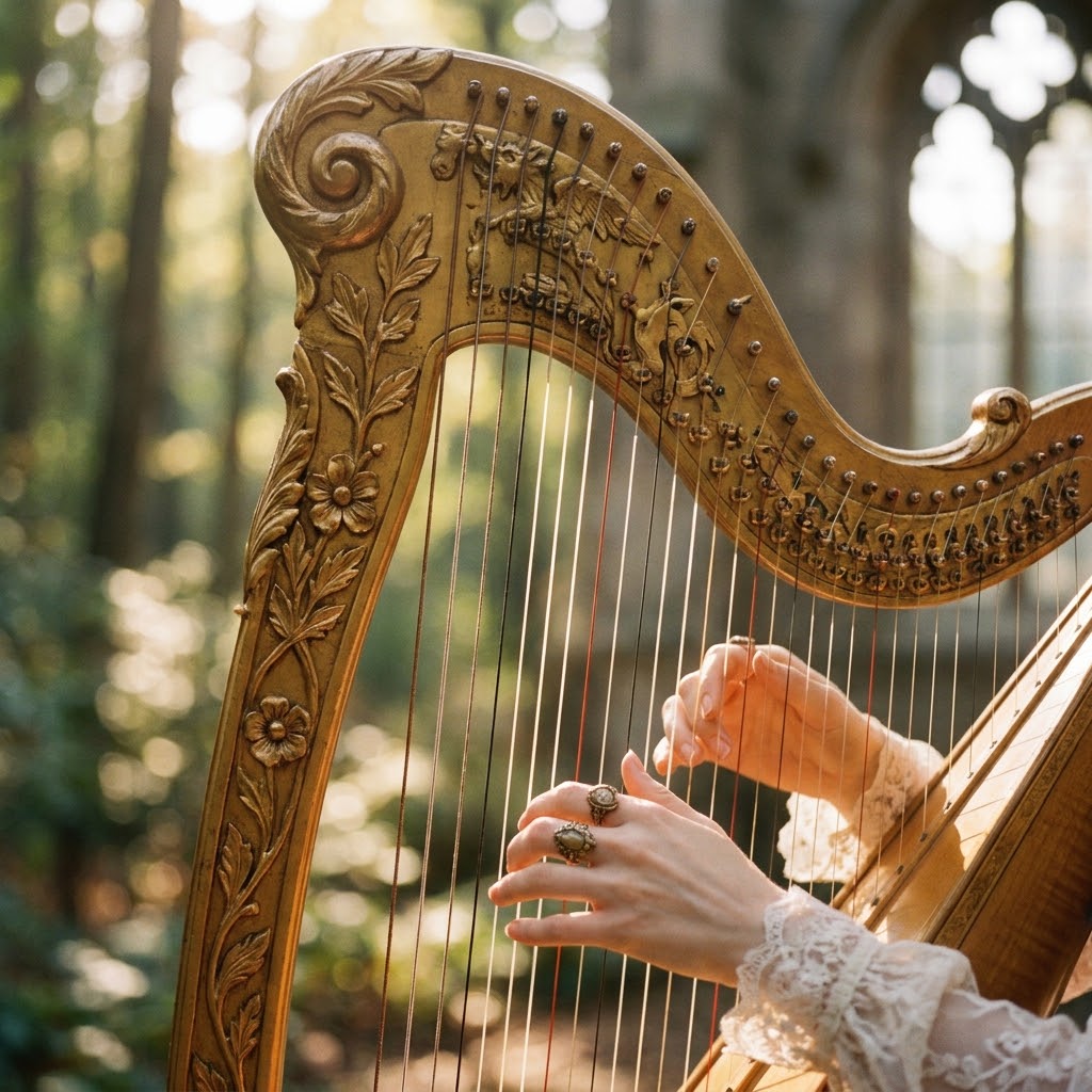 Gold floral carving on the crown of a harp.