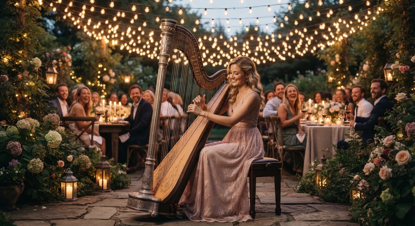 An intimate garden party performance beneath string lights.