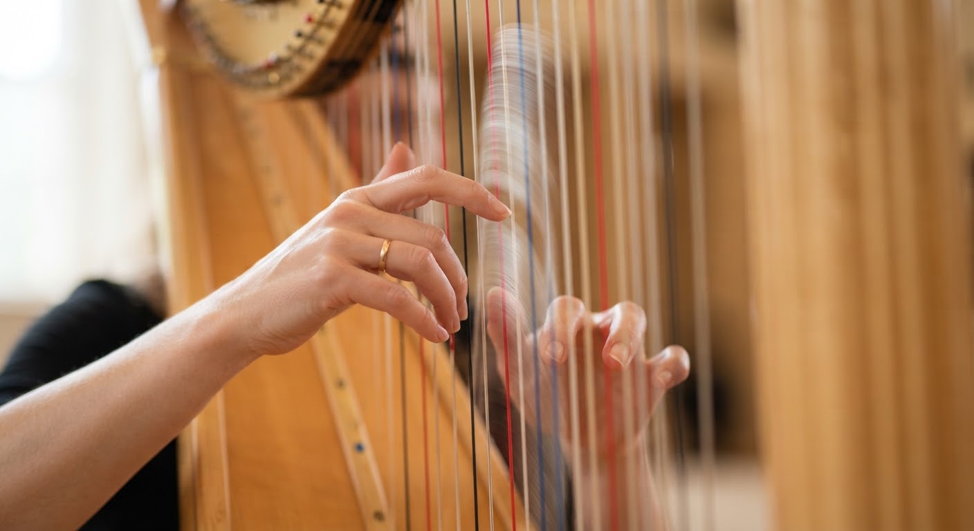 Macro detail of harp strings being plucked.