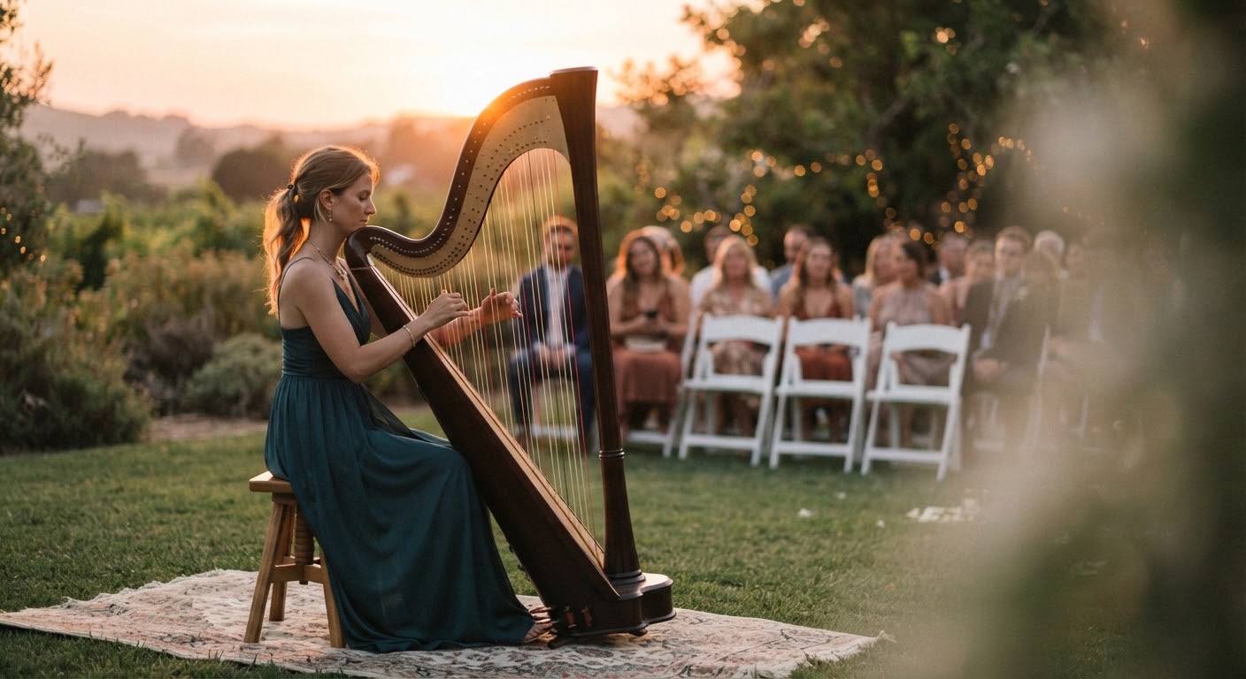 Performing at an outdoor wedding ceremony at sunset.