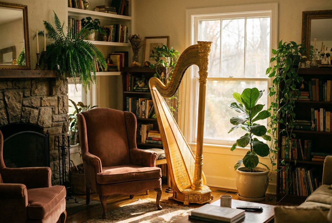 A golden grand harp beside a window overlooking a lush green garden.