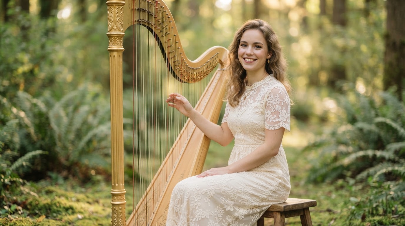 Rose Soenen, a professional harpist, smiling warmly.